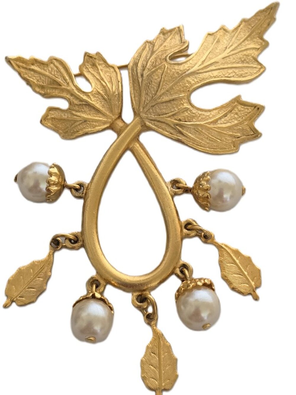 VINTAGE Art Nouveau DECO Lg BROOCH PIN DANGLING PEARLS ETCHED LEAVES LEAF